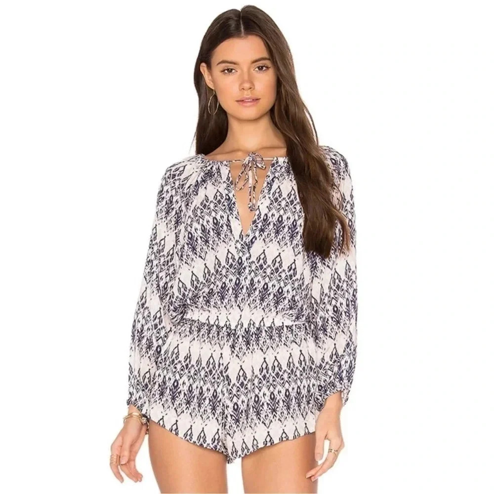 Eberjey Rumba Reed Romper Long Sleeves Lightweight Tie Neck Sz M/L NWT